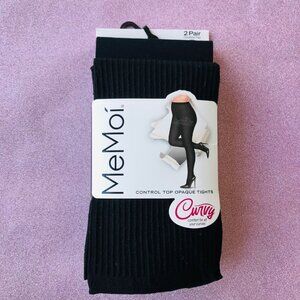 MeMoi Fashion Opaque Tights Control Top 2 Pair  Black/Black Size:1X- 2X MJB-101Q